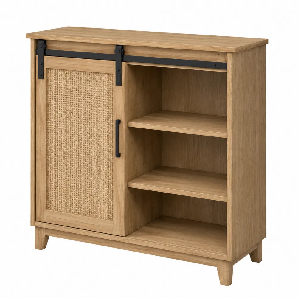 Credenza buffet 120 x 40 x 85 cm in MDF effetto rovere con anta scorrevole effetto rattan ripiani aperti legno naturale beige nero