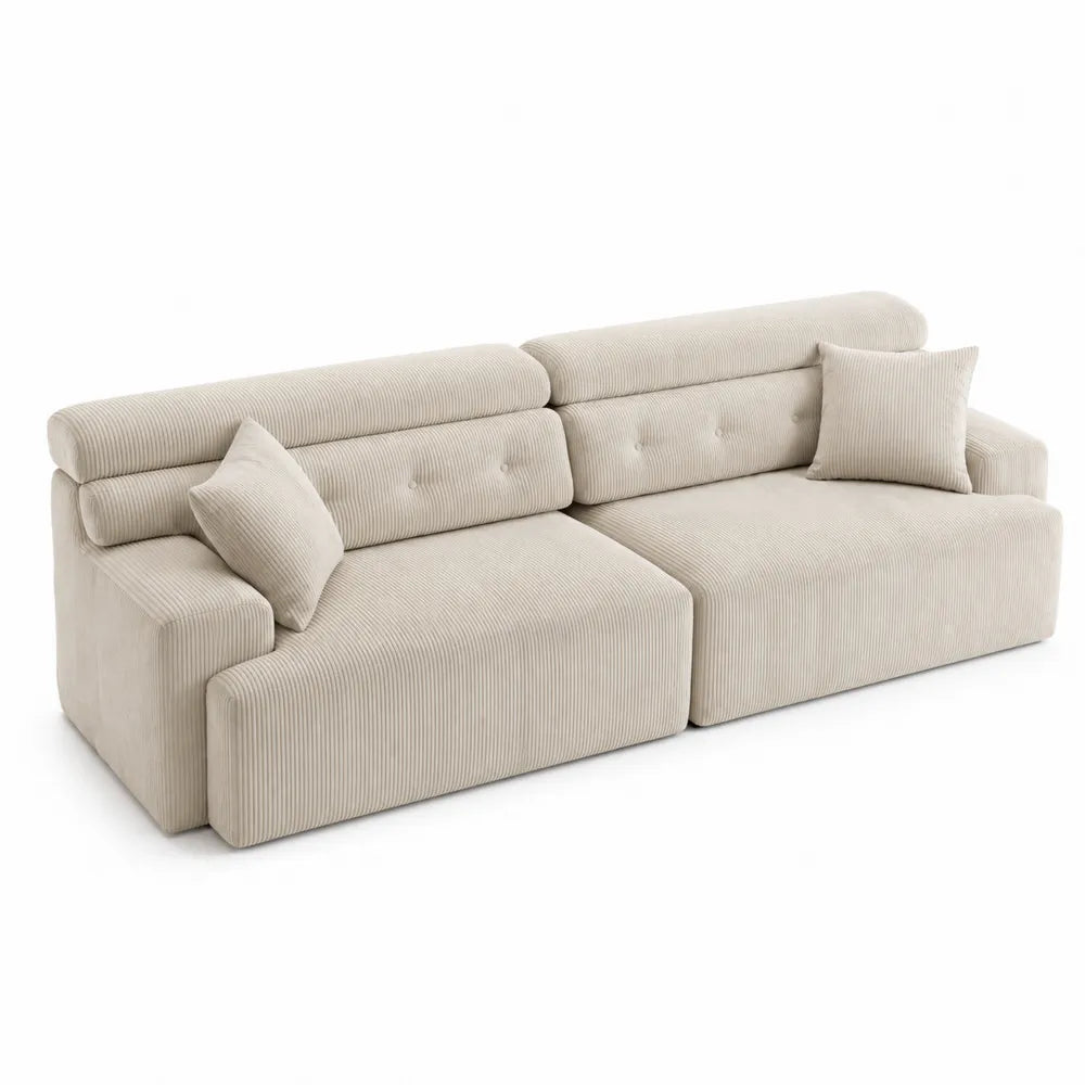Divano modulare lineare in tessuto poliestere a coste beige con 2 cuscini 240 x 95 x 85 cm