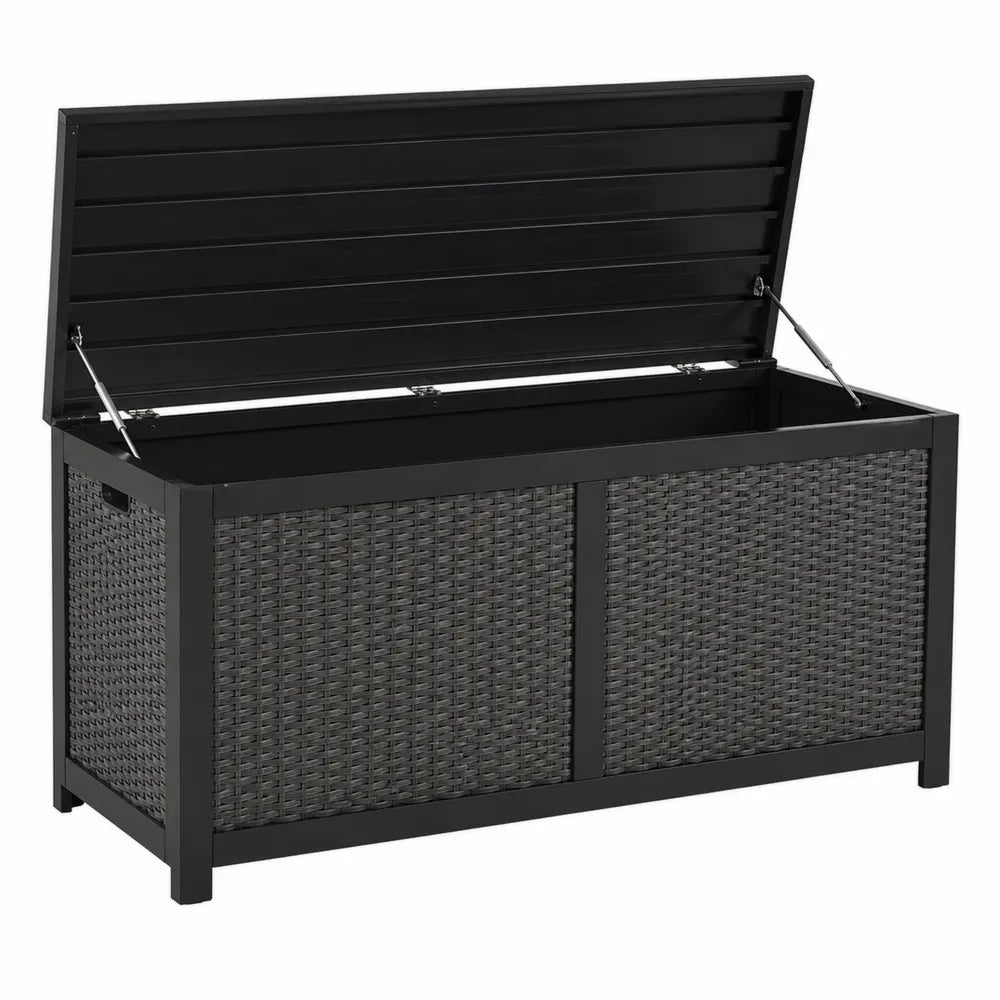 Baule contenitore da terrazza rettangolare in rattan PE grigio scuro con struttura in acciaio nero e coperchio 120 x 55 x 60 cm