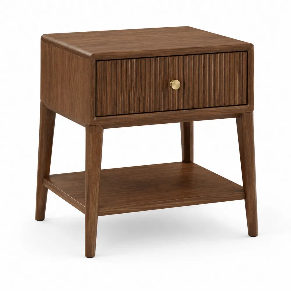 Comodino in legno impiallacciato noce con cassetto e ripiano aperto gambe in legno massello 45x40x55 cm