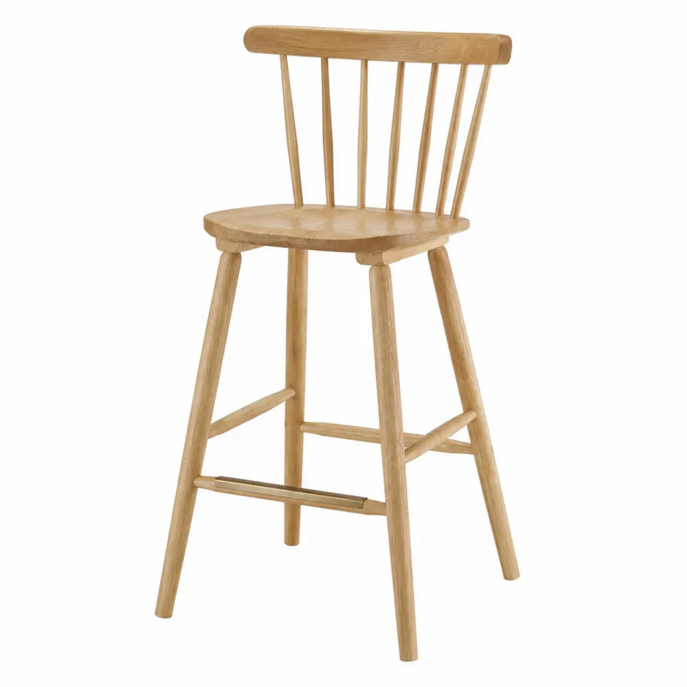 Sgabello da bar 45 x 45 x 95 cm in legno massello di faggio chiaro con schienale a doghe seduta in legno e poggiapiedi oro