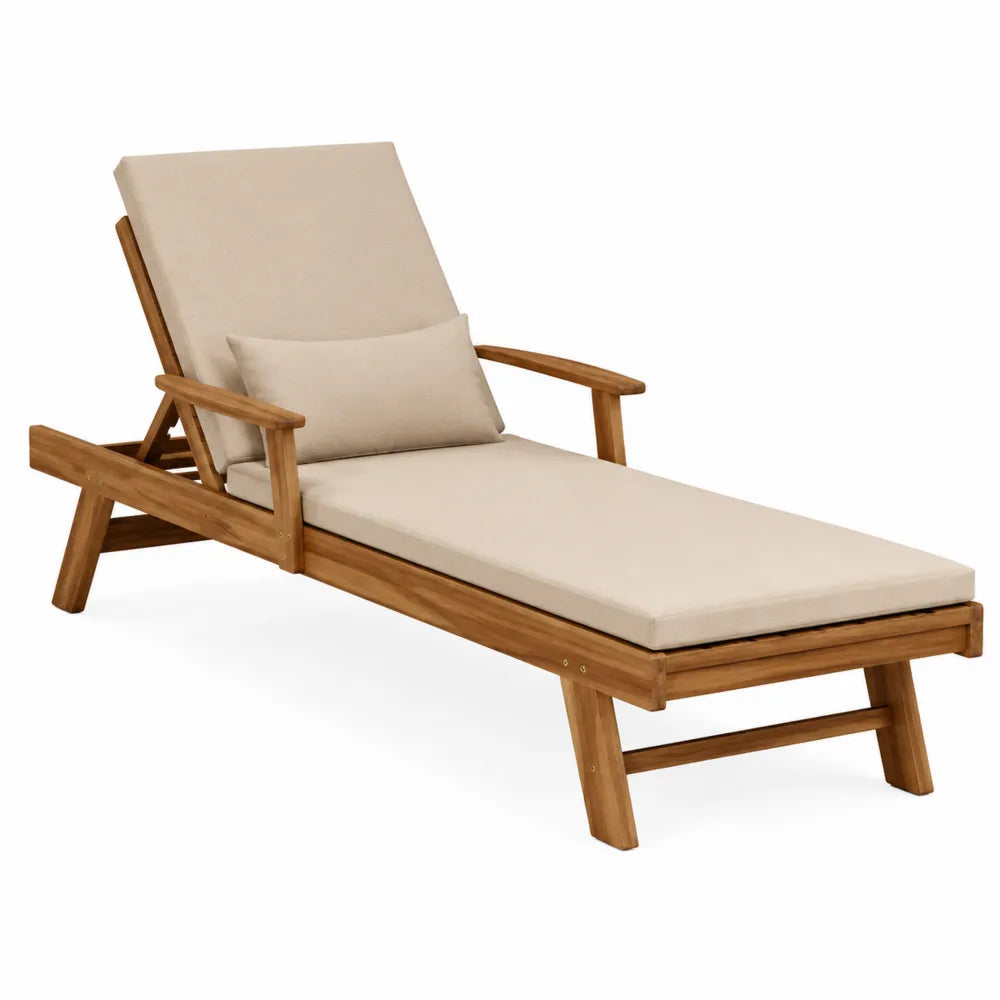 lettino da esterno chaise longue in legno massiccio di acacia con cuscino e schienale regolabile 200x65x35 cm colore naturale beige