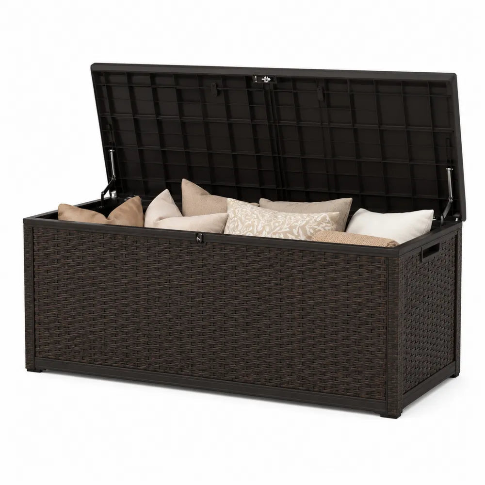 Baule contenitore da esterno rettangolare con coperchio in rattan sintetico PE marrone scuro e nero 120 cm