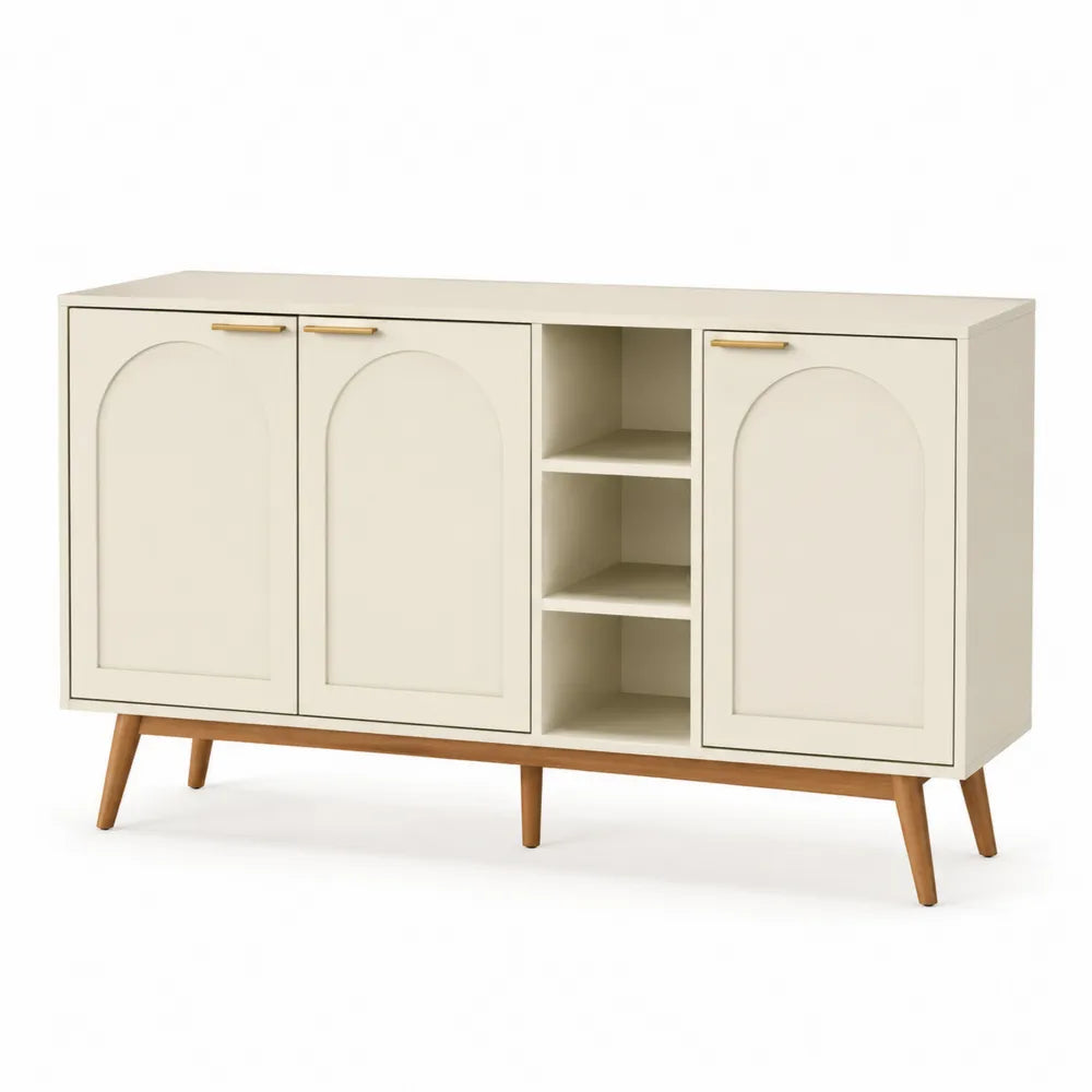 Credenza contenitore 160 x 40 x 85 cm in MDF beige crema con 3 ante ad arco ripiani aperti maniglie oro e gambe in legno