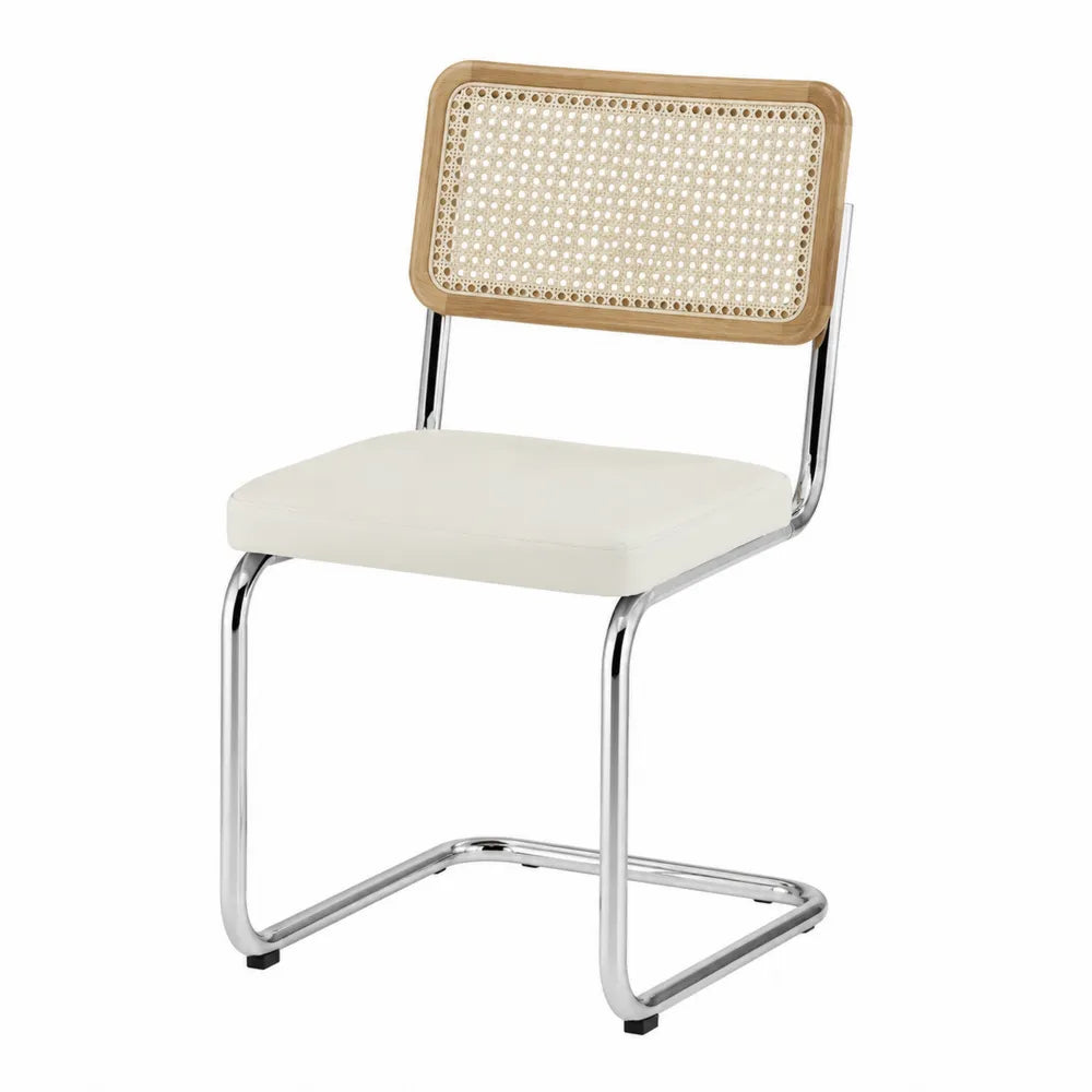 Sedia da pranzo con struttura a slitta in acciaio cromato schienale in rattan naturale seduta imbottita in tessuto poliestere colore beige 52 cm x 55 cm x 82 cm