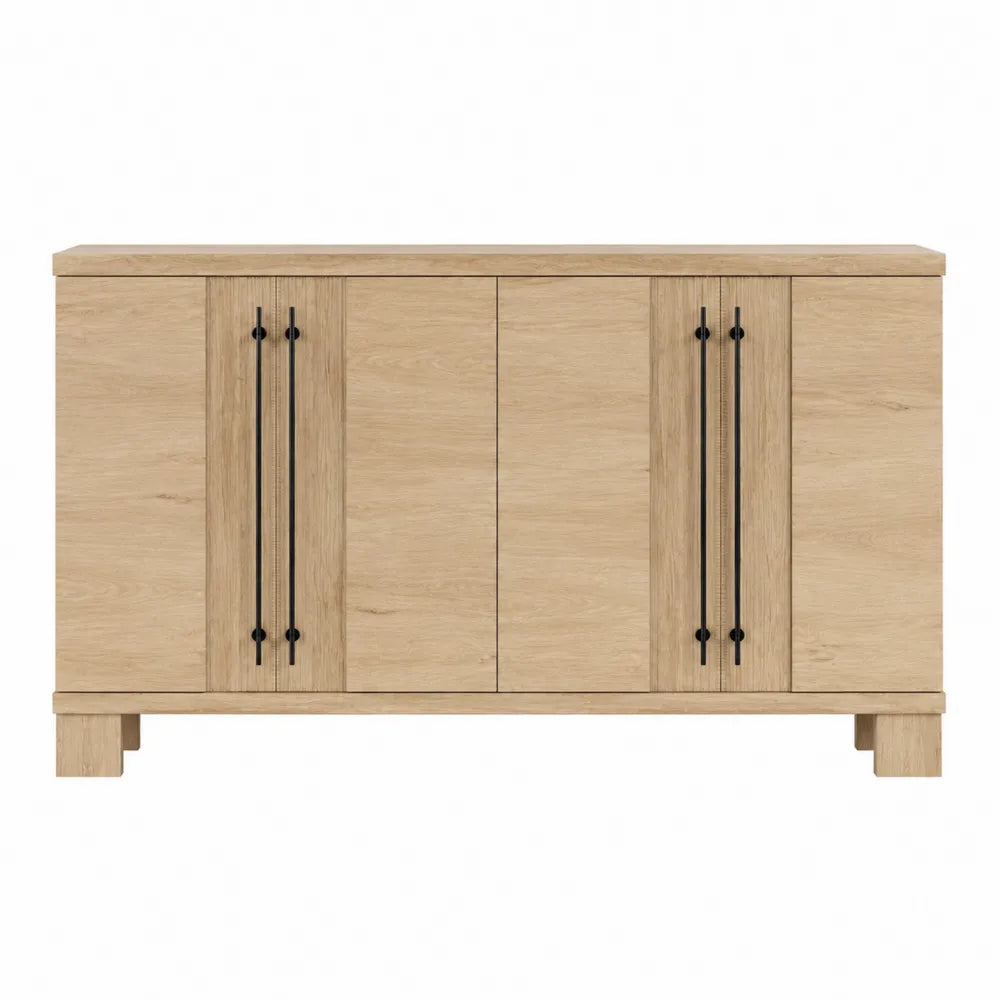 Credenza contenitore soggiorno 160 cm in MDF effetto rovere chiaro con ante e maniglie in metallo nero gambe in legno massello