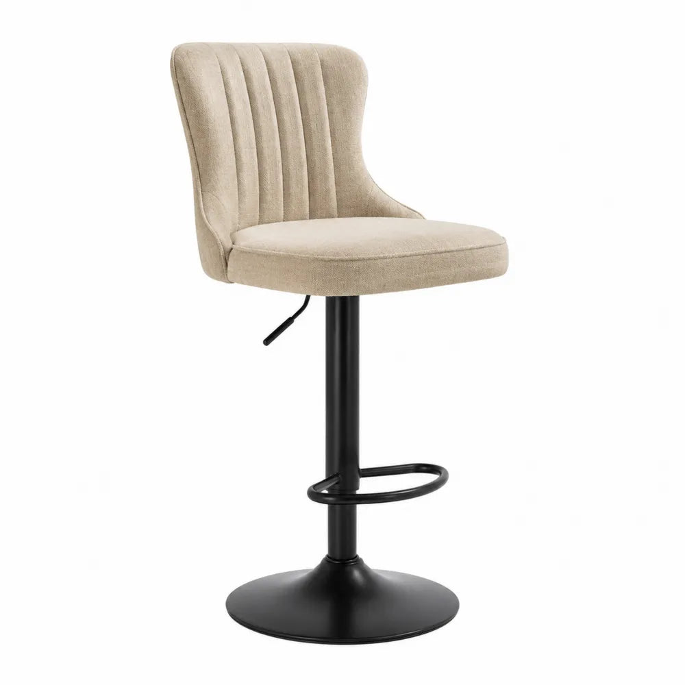 Sgabello da bar regolabile 45 x 45 x 85-105 cm con seduta imbottita in tessuto beige schienale scanalato e struttura in acciaio nero
