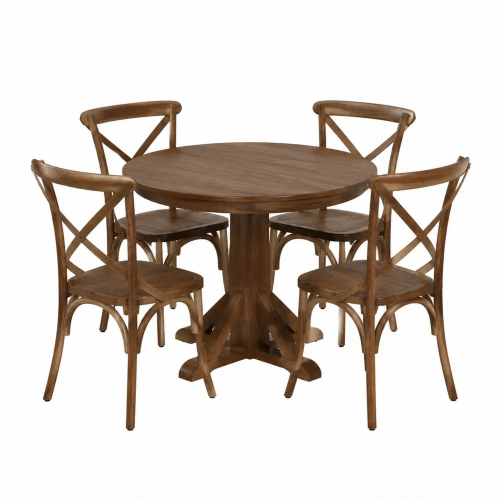 Set tavolo da pranzo rotondo in legno massello con 4 sedie in legno massello forma rotonda colore legno naturale 120 cm x 120 cm x 75 cm