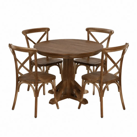 Set tavolo da pranzo rotondo in legno massello con 4 sedie in legno massello forma rotonda colore legno naturale 120 cm x 120 cm x 75 cm