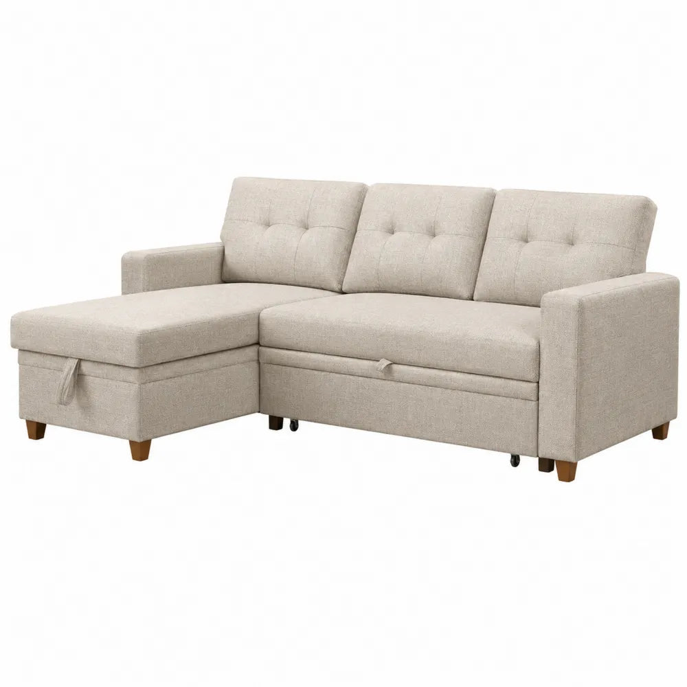 Divano angolare 230 x 150 x 85 cm con chaise longue contenitore in tessuto poliestere beige struttura in legno e cuscini imbottiti