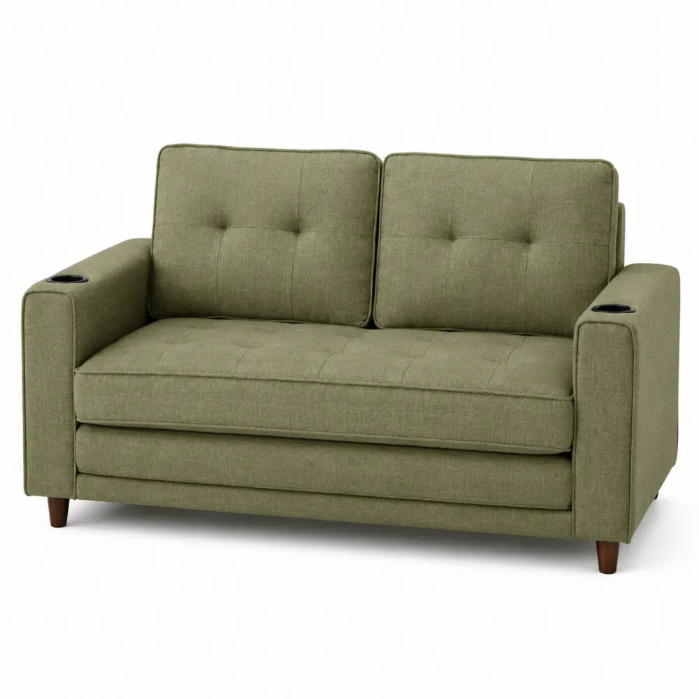 Divano a due posti in tessuto poliestere verde con struttura in legno e portabicchieri integrati 160 x 90 x 95 cm