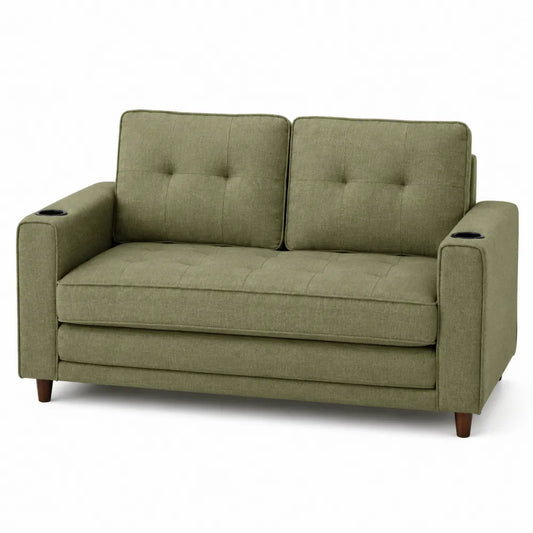 Divano a due posti in tessuto poliestere verde con struttura in legno e portabicchieri integrati 160 x 90 x 95 cm