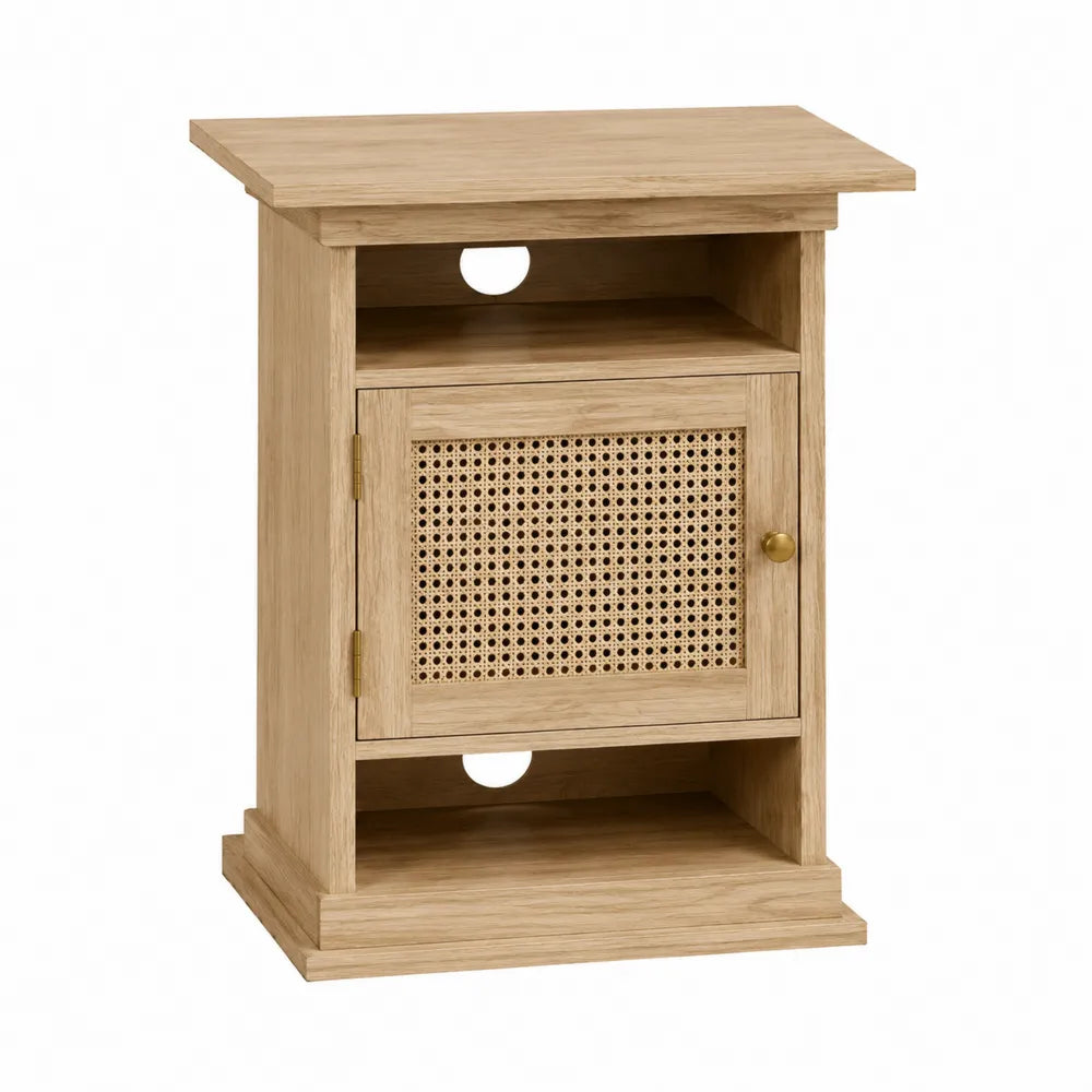 Credenza mobile contenitore in MDF effetto rovere con anta in rattan e ripiani aperti 60 cm x 35 cm x 80 cm