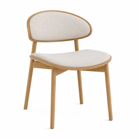 Sedia da pranzo in legno massello di faggio con seduta imbottita e schienale rivestito in tessuto beige 45x52x82 cm