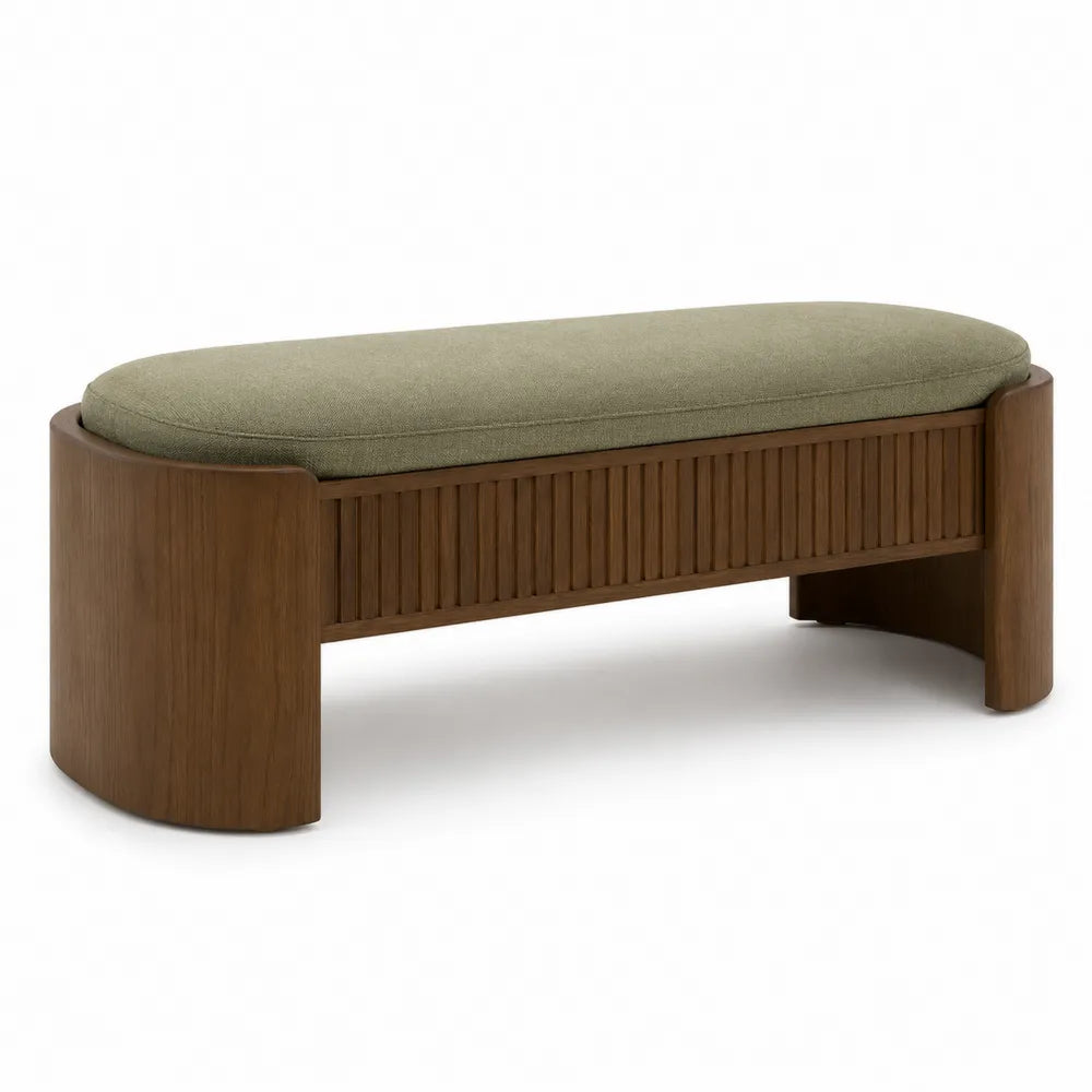 Panca imbottita rettangolare con cuscino in tessuto verde oliva e struttura in MDF effetto noce 130 x 40 x 45 cm