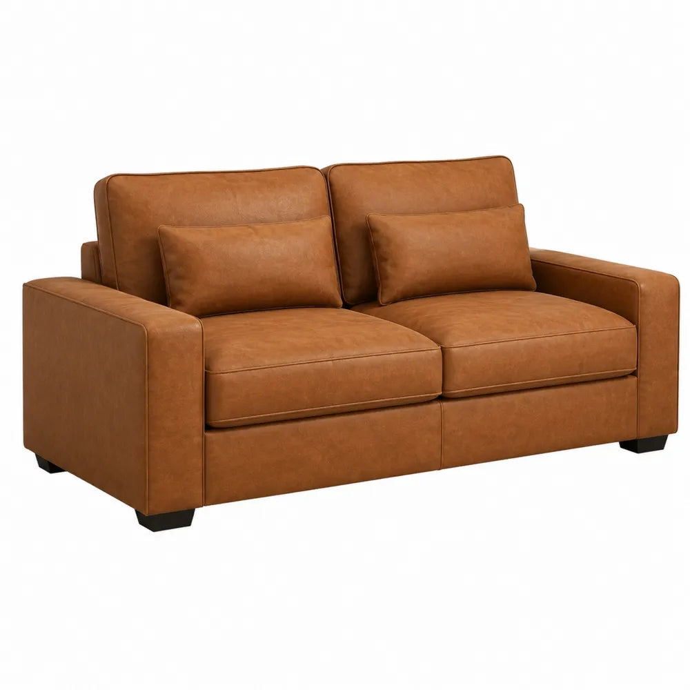 Divano a 2 posti in pelle sintetica PU colore marrone cognac struttura in legno e metallo 180 x 85 x 90 cm