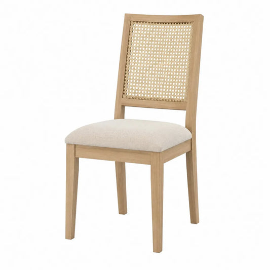 Sedia da pranzo in legno massello di faggio con schienale in rattan seduta imbottita in tessuto poliestere colore legno naturale e beige 45 cm x 52 cm x 85 cm