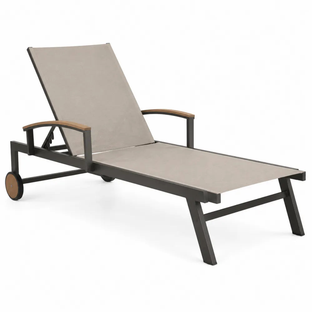 lettino da esterno chaise longue in alluminio verniciato grigio con seduta in textilene e ruote schienale reclinabile 190x65x85 cm