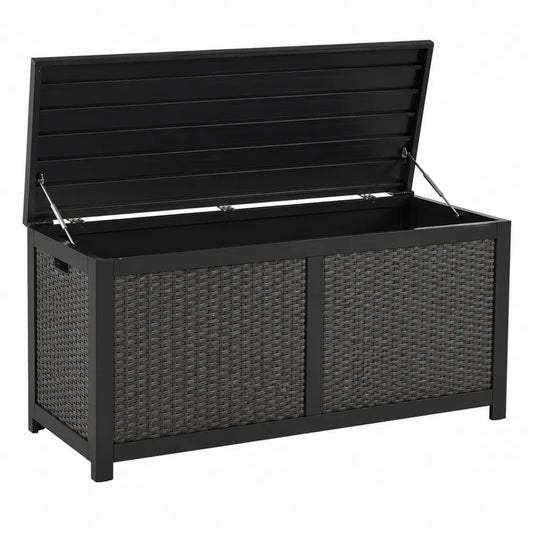 Baule contenitore da terrazza rettangolare in rattan PE grigio scuro con struttura in acciaio nero e coperchio 120 x 55 x 60 cm
