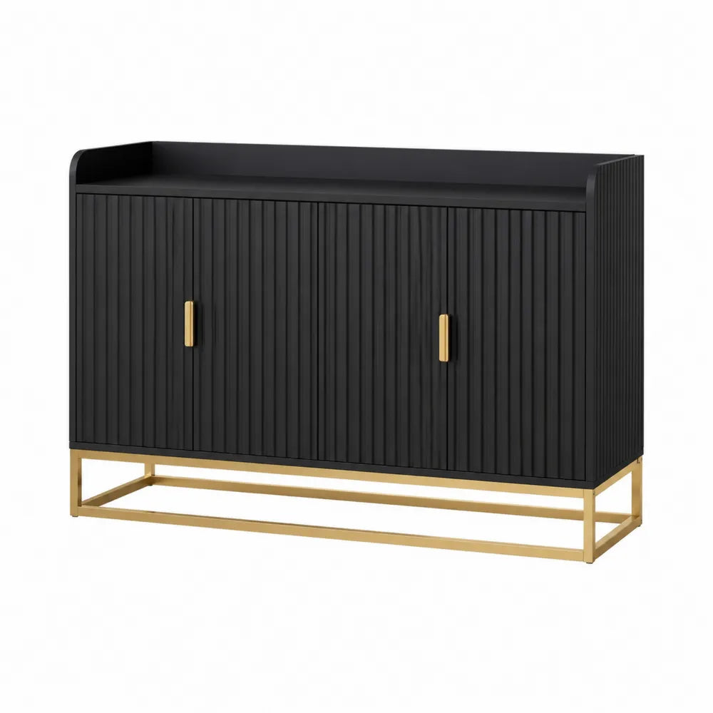 Credenza buffet in MDF con ante scanalate e base in metallo dorato 140x40x80 cm colore nero e oro