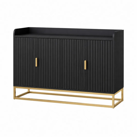 Credenza buffet in MDF con ante scanalate e base in metallo dorato 140x40x80 cm colore nero e oro