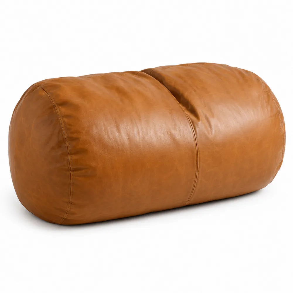 Pouf sacco cilindrico in ecopelle PU marrone cognac con imbottitura in microsfere EPS 90 x 50 x 50 cm