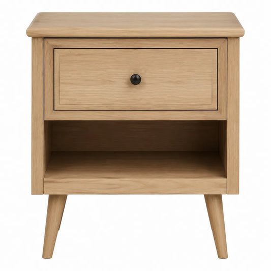 Comodino rettangolare con 1 cassetto e vano aperto in MDF effetto rovere naturale 45 x 40 x 55 cm