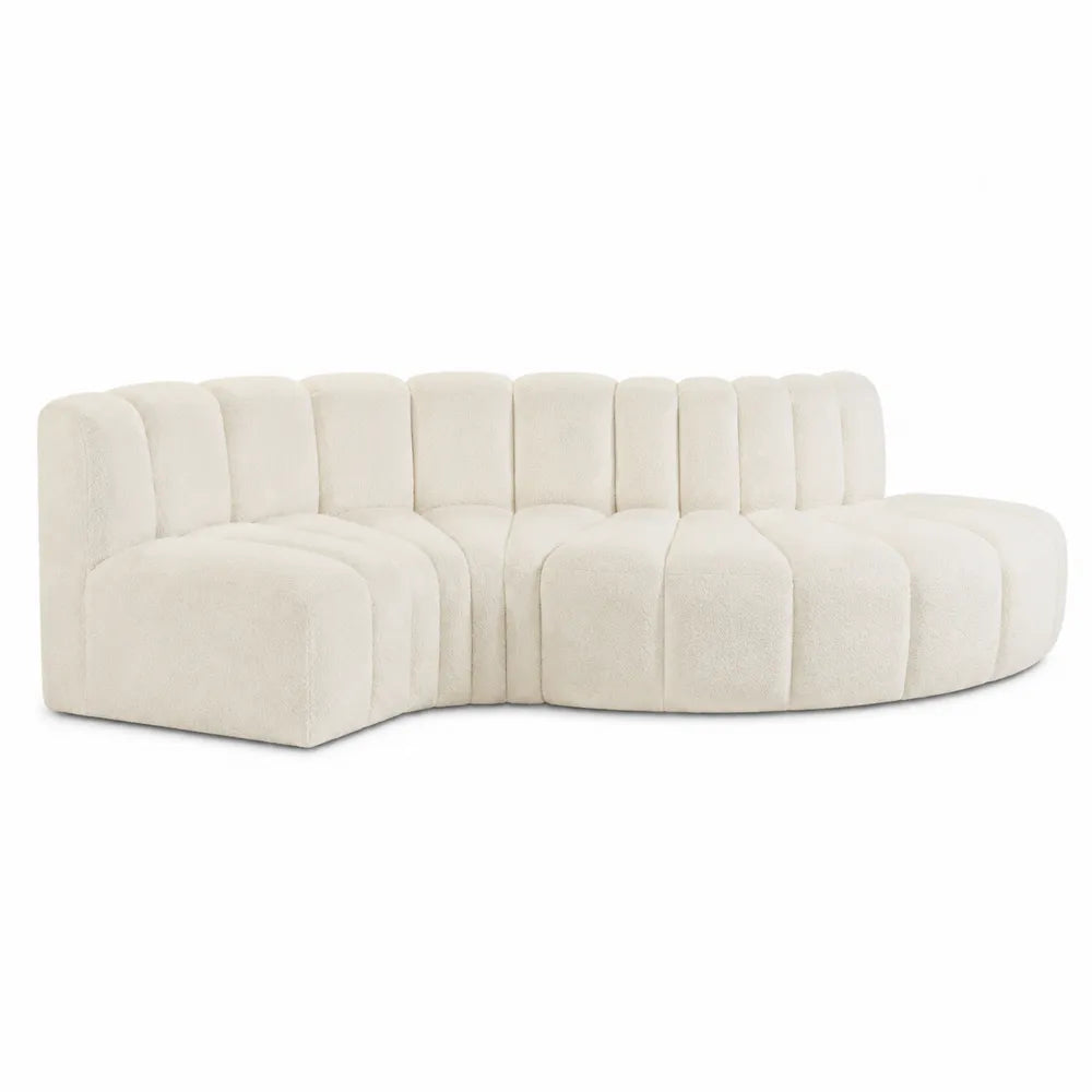 Divano modulare curvo in tessuto bouclé beige con seduta imbottita e schienale a pannelli 320 x 180 x 70 cm