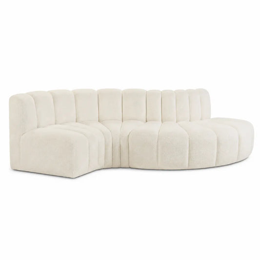 Divano modulare curvo in tessuto bouclé beige con seduta imbottita e schienale a pannelli 320 x 180 x 70 cm