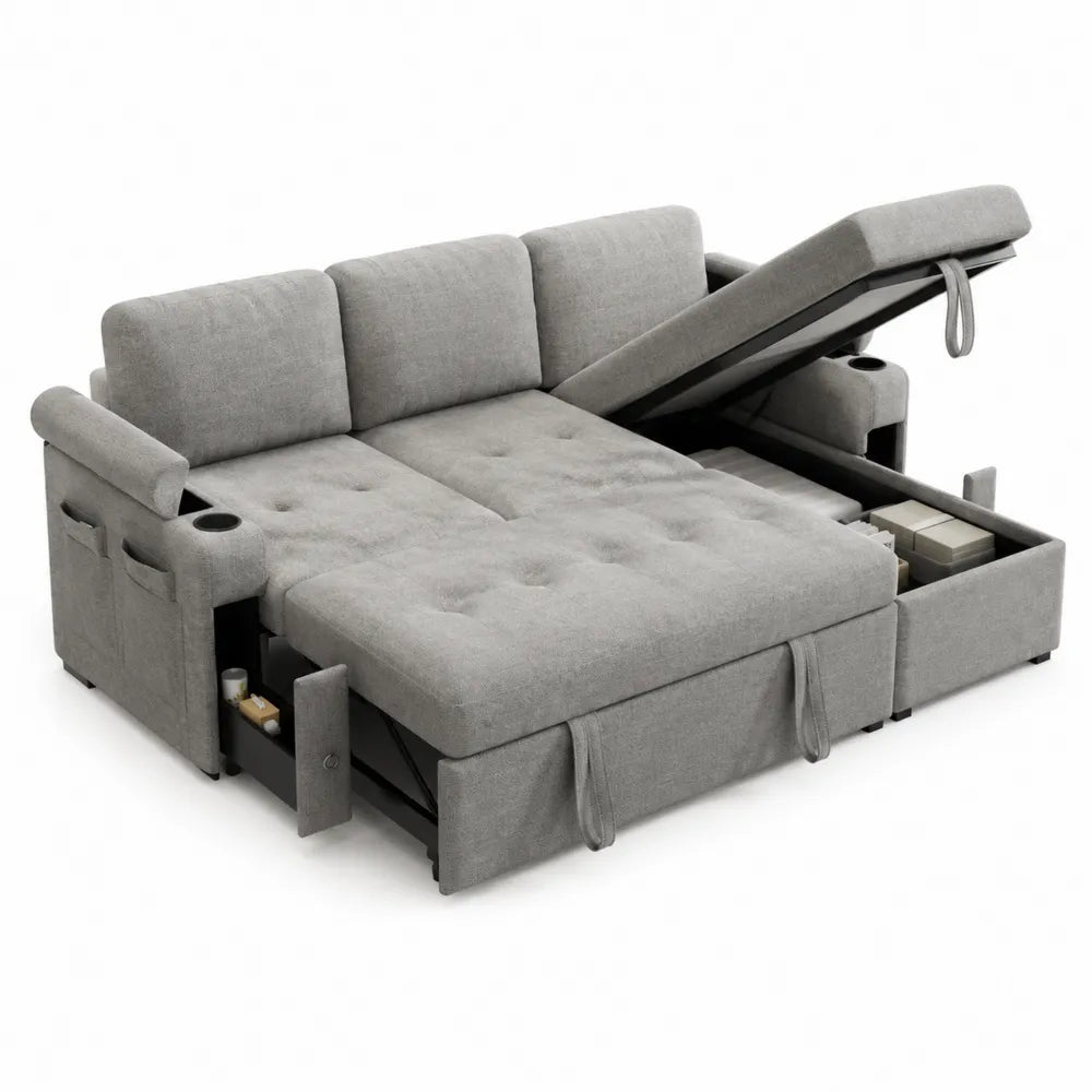 Divano angolare letto 230 x 150 x 85 cm in tessuto poliestere grigio con contenitore chaise longue struttura in legno multistrato e funzione convertibile
