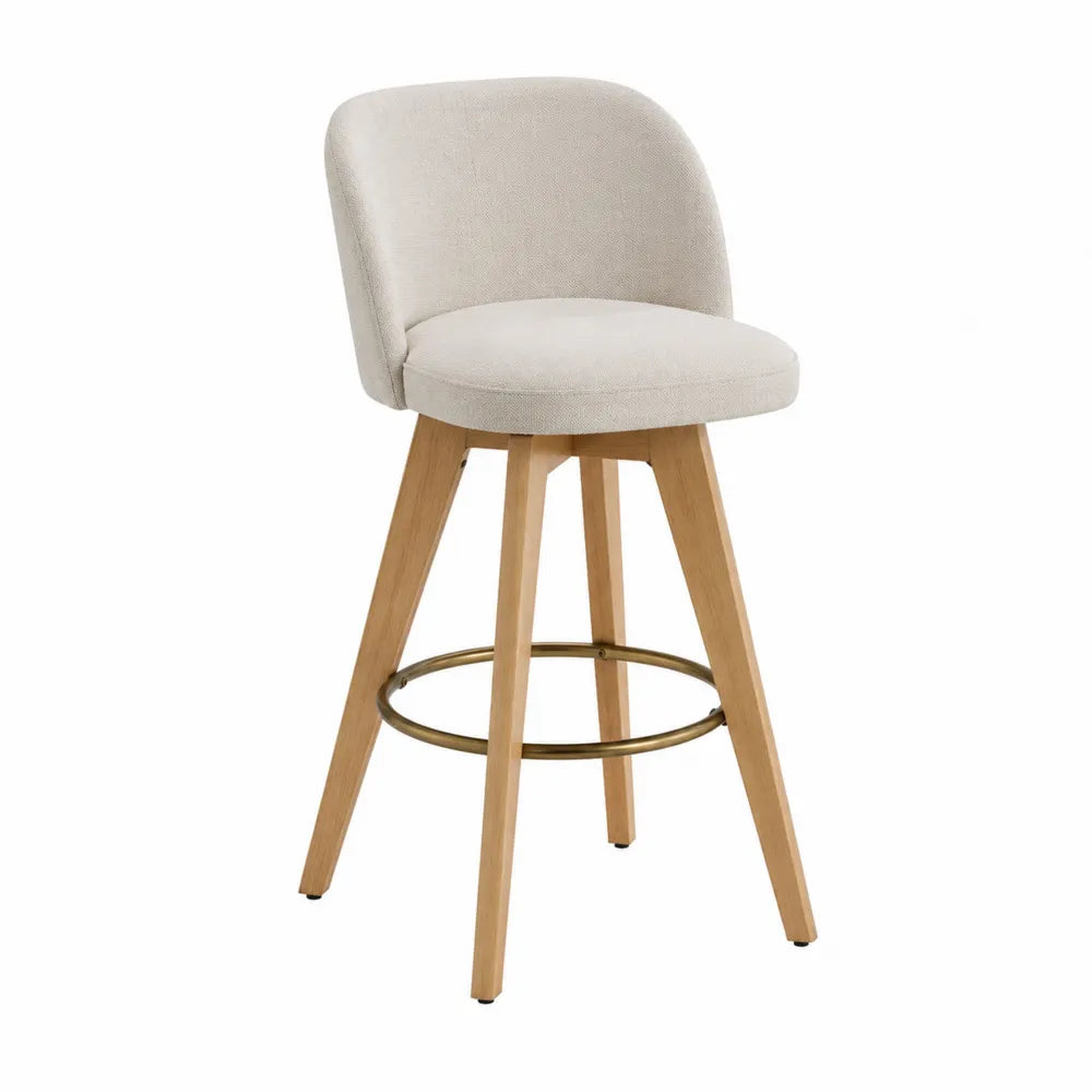 Sgabello da bar con schienale imbottito seduta in tessuto beige struttura in legno massello e anello poggiapiedi in metallo 45 cm x 50 cm x 95 cm