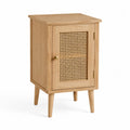 Comodino in legno impiallacciato rovere chiaro con anta in rattan sintetico e gambe in legno massello 45x40x75 cm