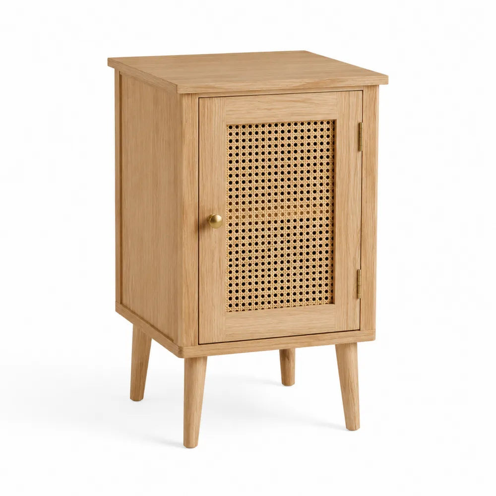 Comodino in legno impiallacciato rovere chiaro con anta in rattan sintetico e gambe in legno massello 45x40x75 cm
