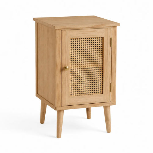Comodino in legno impiallacciato rovere chiaro con anta in rattan sintetico e gambe in legno massello 45x40x75 cm