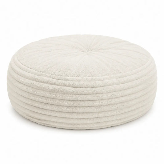 Pouf rotondo 80 x 80 x 35 cm in tessuto effetto bouclé colore crema con imbottitura in EPS seduta morbida senza struttura rigida