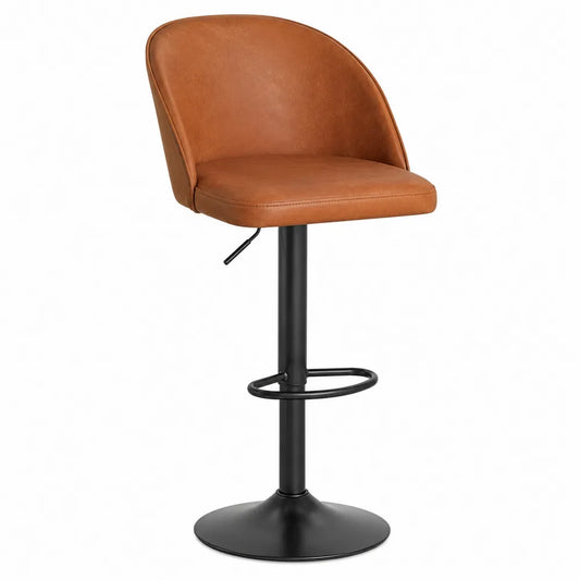 Sgabello da bar regolabile con schienale in PU marrone struttura in acciaio nero base rotonda con poggiapiedi 90-110 cm