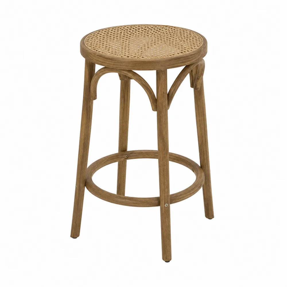 Sgabello da bar rotondo 45 x 45 x 65 cm in legno massello di faggio naturale con seduta intrecciata in rattan e poggiapiedi