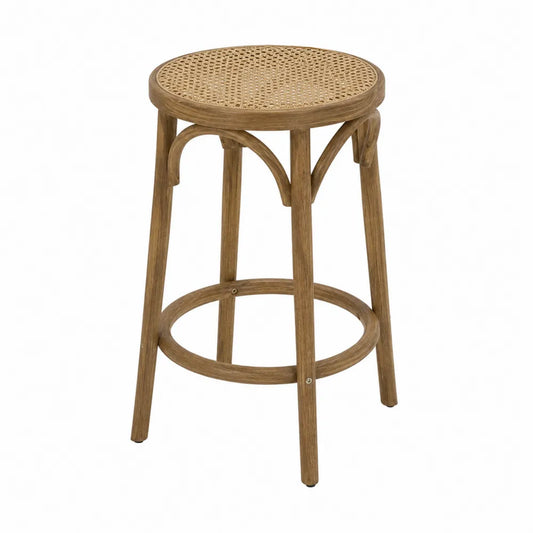 Sgabello da bar rotondo 45 x 45 x 65 cm in legno massello di faggio naturale con seduta intrecciata in rattan e poggiapiedi