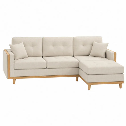 Divano angolare 260 x 85 x 85 cm con chaise longue in tessuto poliestere effetto lino colore beige struttura in legno e gambe in legno massello