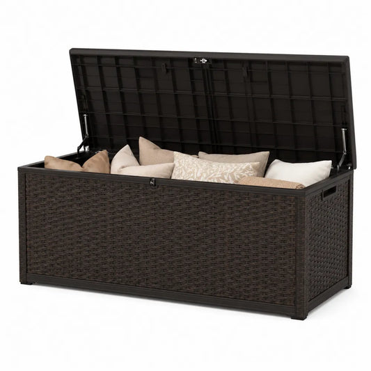 Baule contenitore da esterno rettangolare con coperchio in rattan sintetico PE marrone scuro e nero 120 cm
