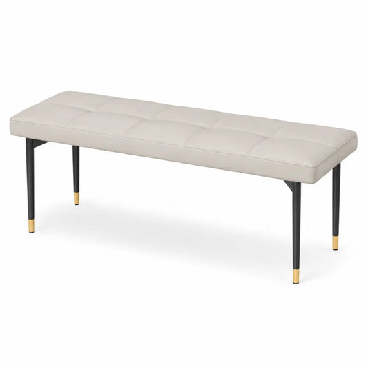 Panca imbottita rettangolare in tessuto poliestere beige con gambe in acciaio nero e puntali oro 130 x 40 x 45 cm