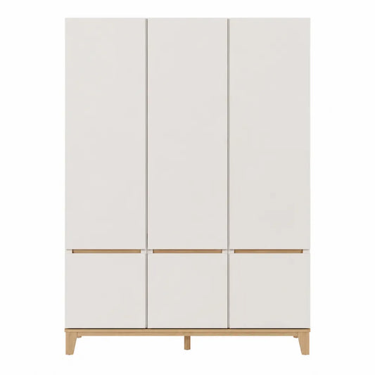 Armadio guardaroba 120x50x180 cm in MDF bianco con ante verticali e cassetti base in legno effetto naturale