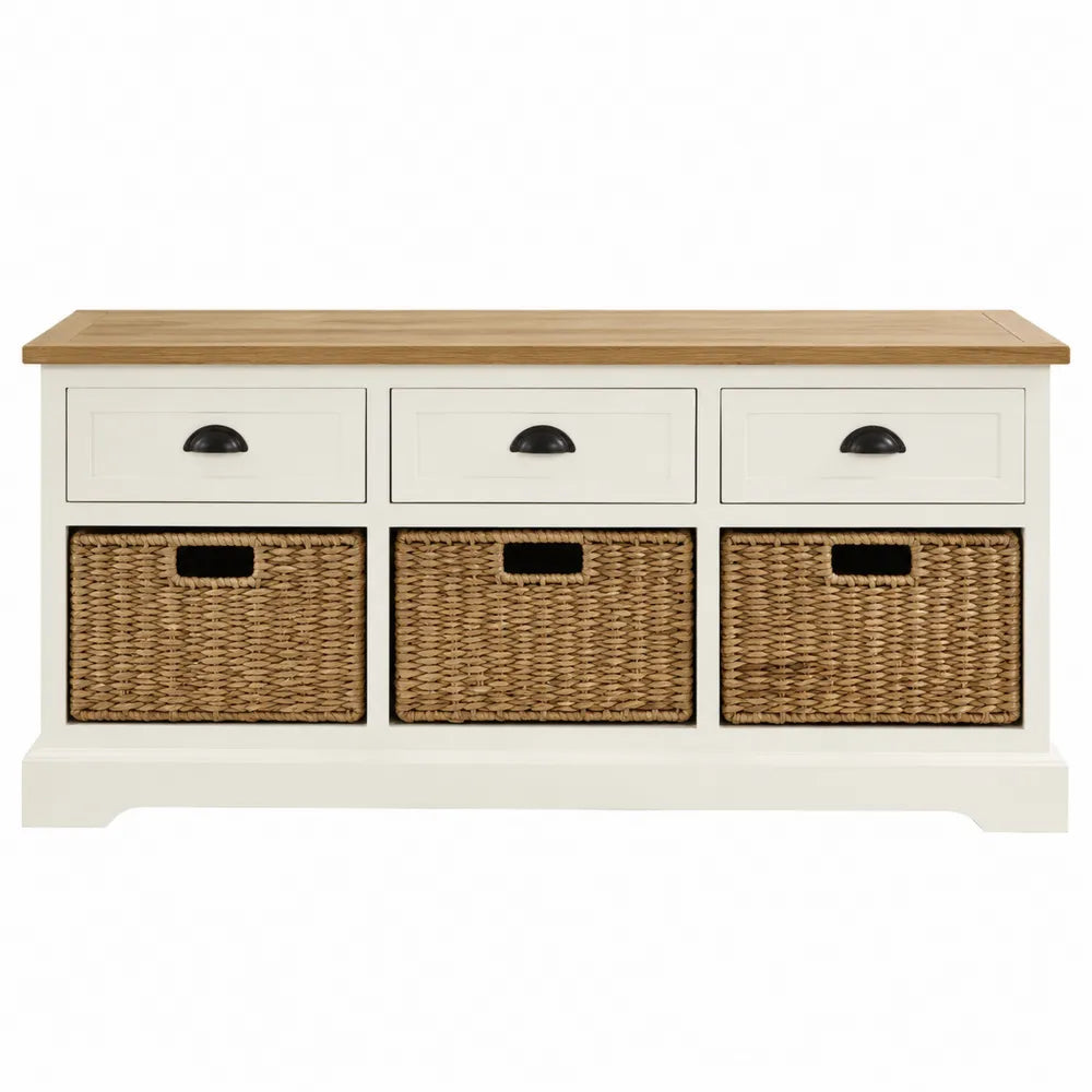 Panca contenitore 120 cm in MDF colore crema con cassetti e ceste intrecciate piano in legno effetto rovere naturale struttura rettangolare