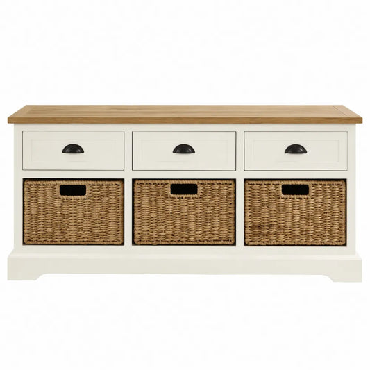 Panca contenitore 120 cm in MDF colore crema con cassetti e ceste intrecciate piano in legno effetto rovere naturale struttura rettangolare