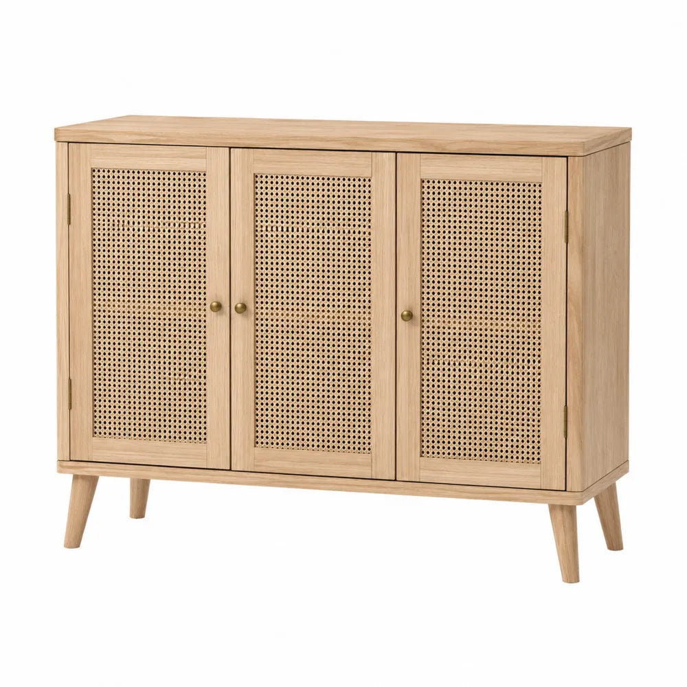 Credenza buffet 140 x 40 x 80 cm in MDF effetto legno naturale con 3 ante effetto rattan e gambe inclinate