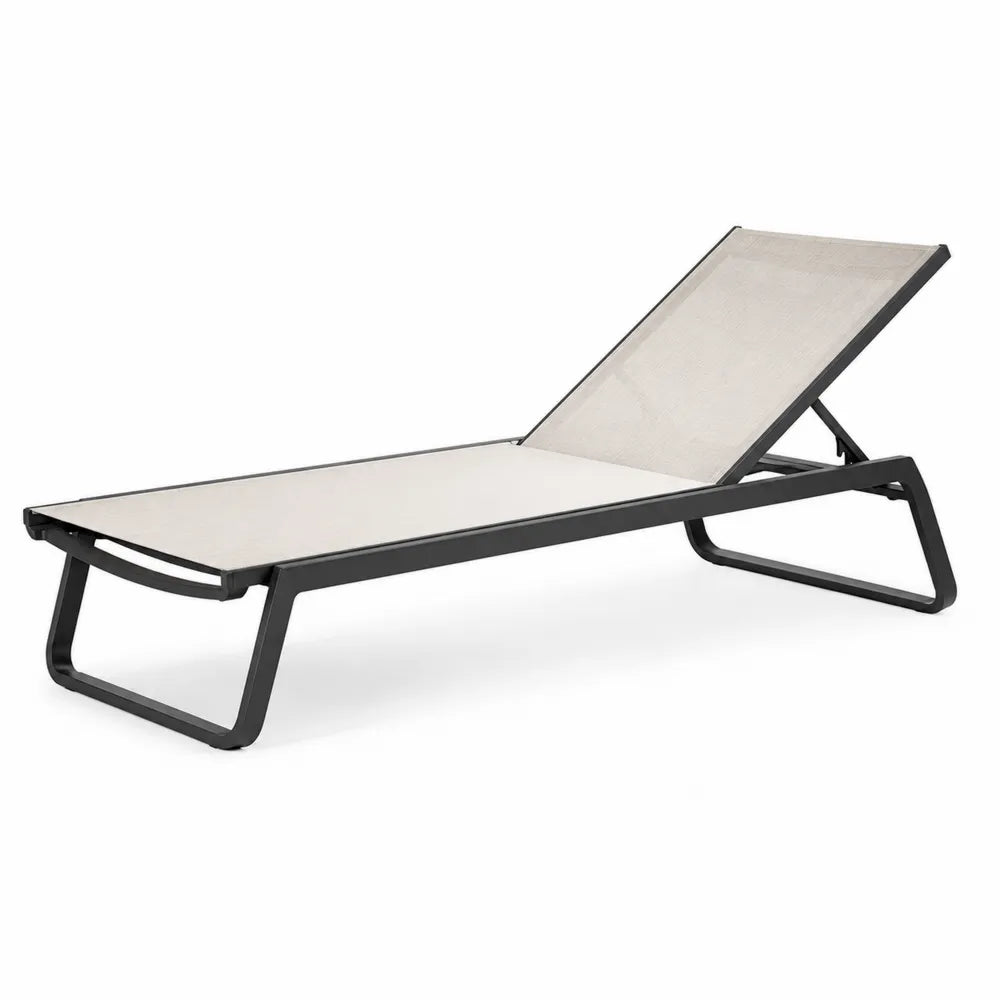 Lettino prendisole da esterno rettangolare in alluminio verniciato nero con textilene beige e schienale regolabile 200 x 65 x 85 cm