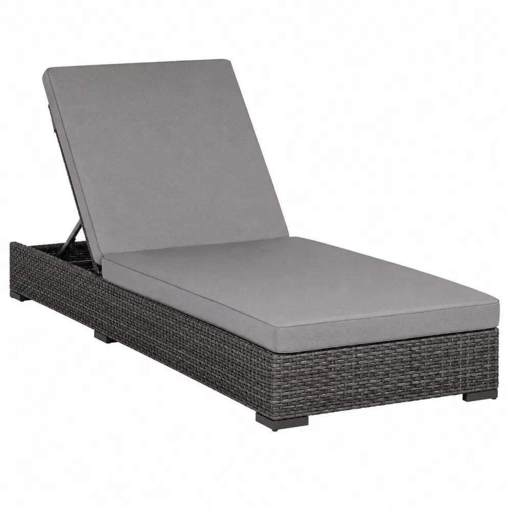lettino da esterno chaise longue in rattan PE e alluminio con cuscino grigio schienale regolabile 200x65x80 cm