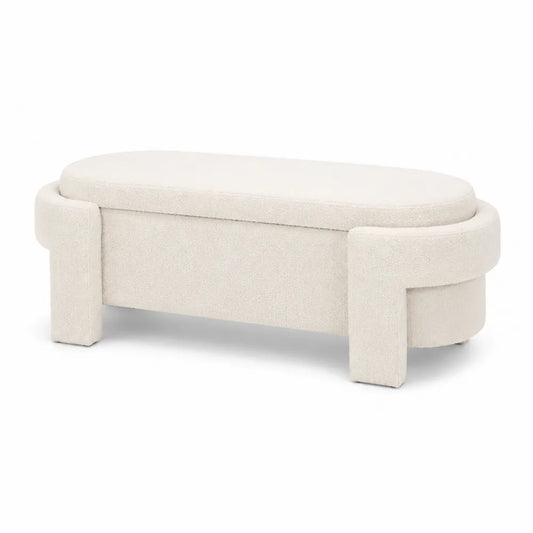 Panca imbottita ovale in tessuto bouclé colore crema con struttura in legno e vano contenitore 150 x 60 x 45 cm