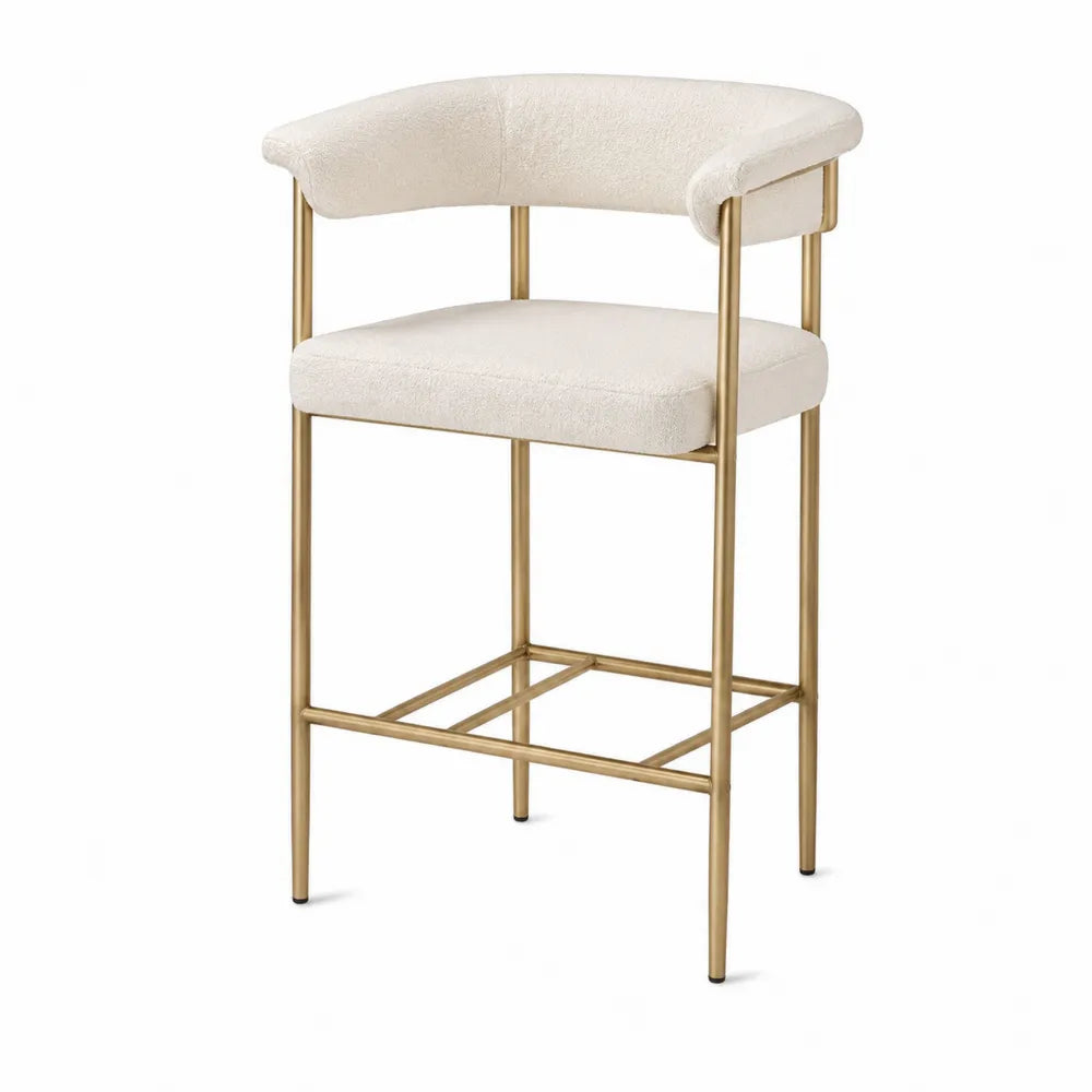 Sgabello da bar 52 x 50 x 95 cm con seduta imbottita in tessuto bouclé beige struttura in acciaio oro e schienale curvo