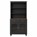 Credenza buffet alta 160 x 40 x 200 cm in MDF nero con ripiani aperti cassetti ante in vetro scanalato e piano effetto legno